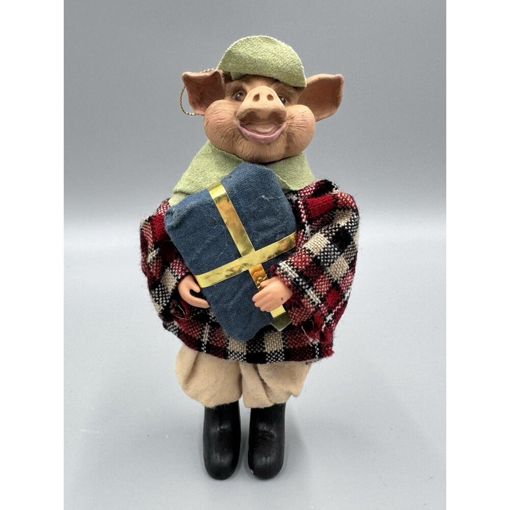 Vtg Pig Dressed In Winter Clothes Ornament Holding Christmas Gift Paper Mache 6”
